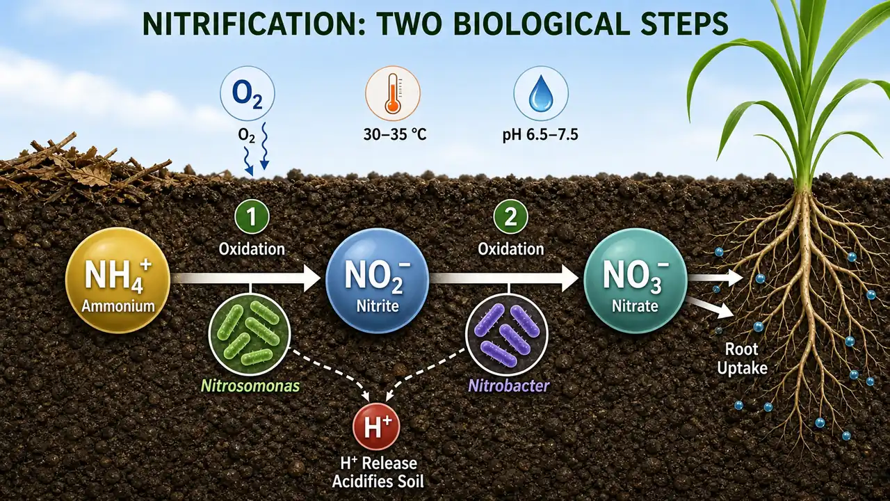 Nitrification in soil showing ammonium oxidation to nitrite by Nitrosomonas and nitrite oxidation to nitrate by Nitrobacter