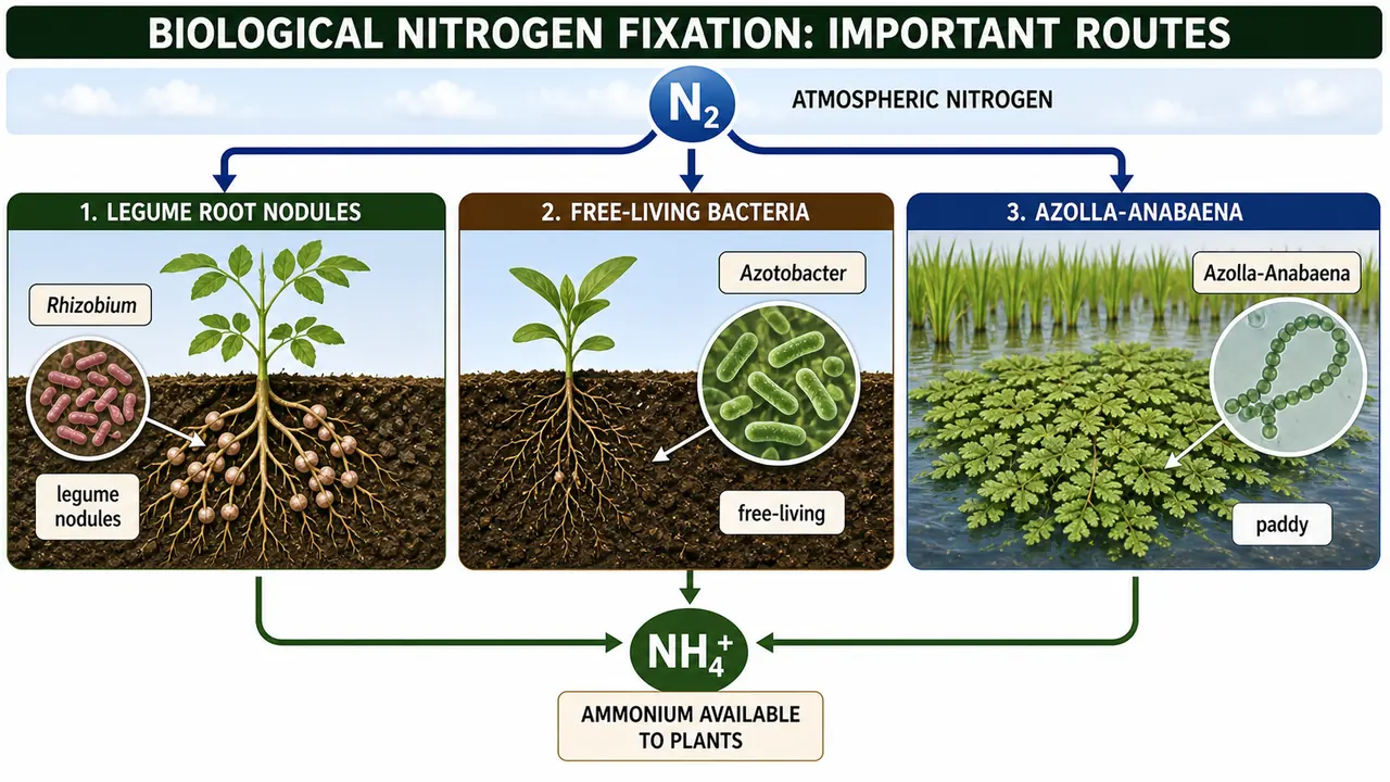 Biological nitrogen fixation routes showing legume nodules, free-living bacteria, and Azolla Anabaena in paddy soil