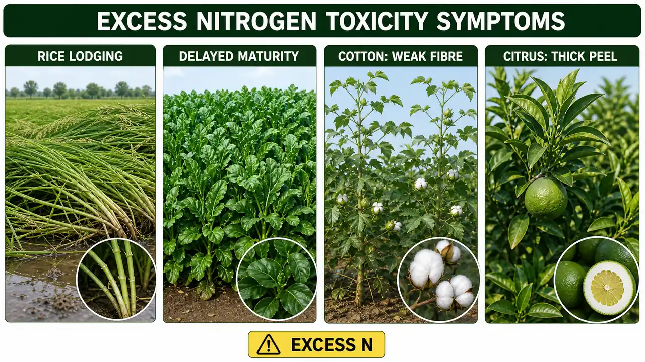 Excess nitrogen toxicity symptoms including rice lodging, delayed maturity, weak cotton fibre, and thick peel in citrus