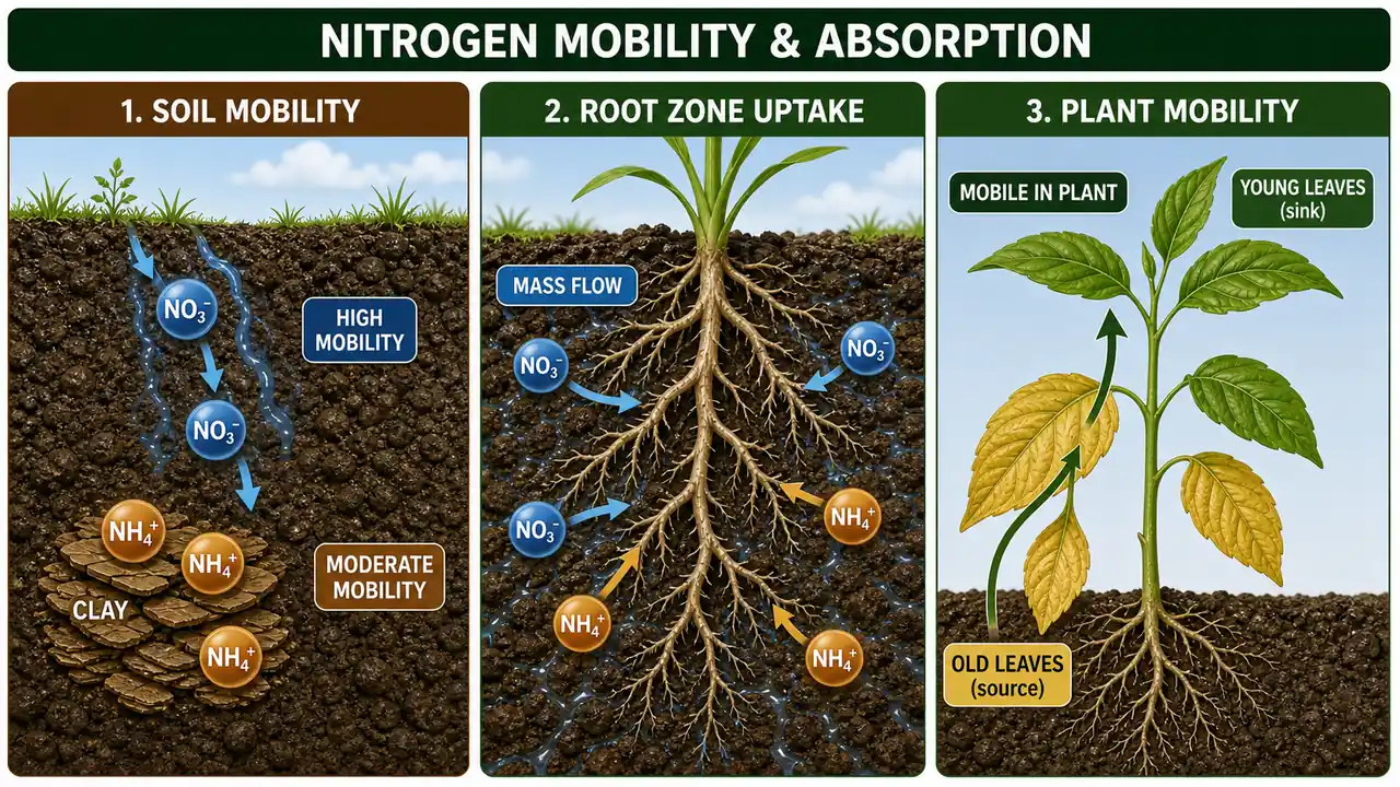 Nitrogen mobility and absorption showing nitrate leaching, ammonium retention near clay, mass flow uptake, and movement from old to young leaves