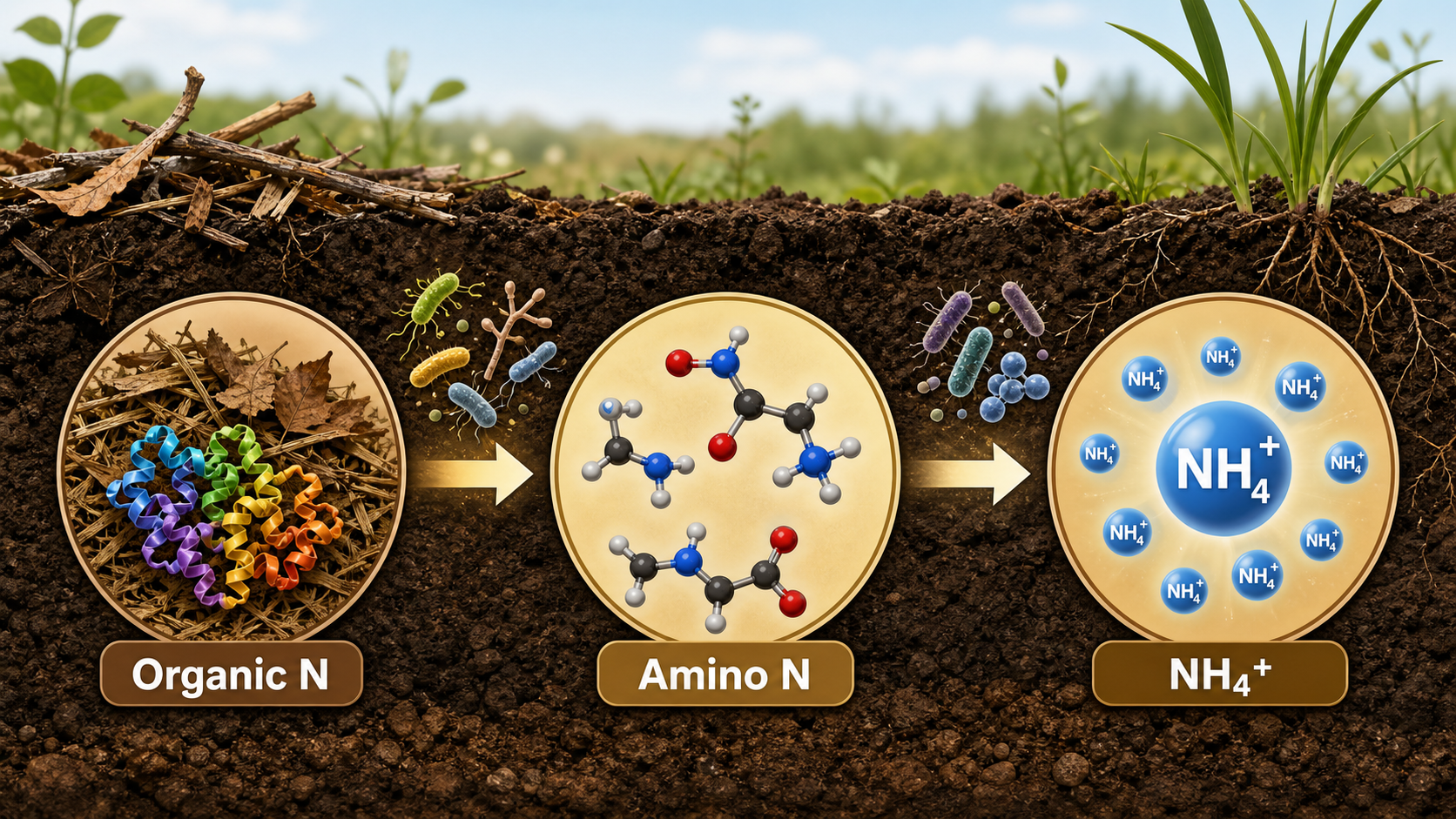 Aminisation flow in nitrogen mineralization from complex organic nitrogen to amines and amino acids