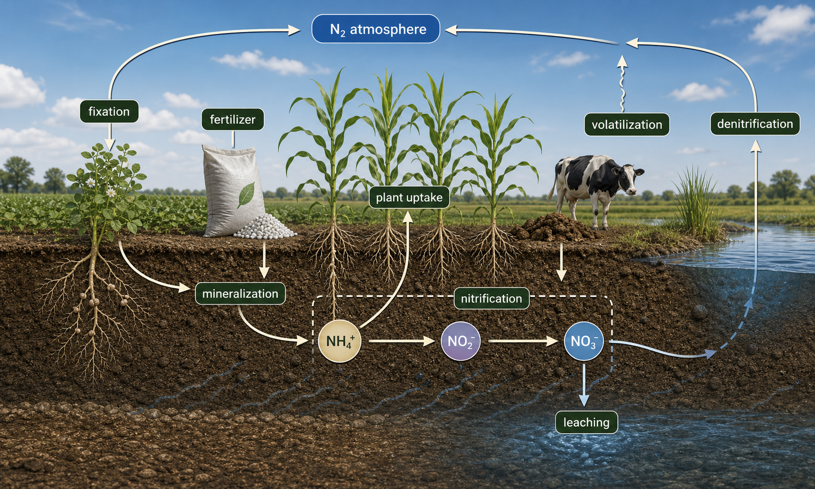 Nitrogen cycle in soil showing fixation, mineralization, nitrification, uptake, and loss pathways