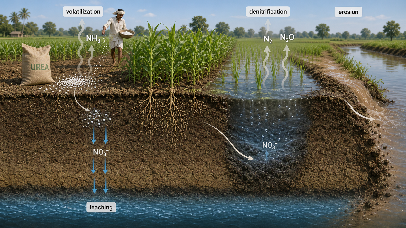 Major nitrogen loss pathways including volatilization, denitrification, and leaching