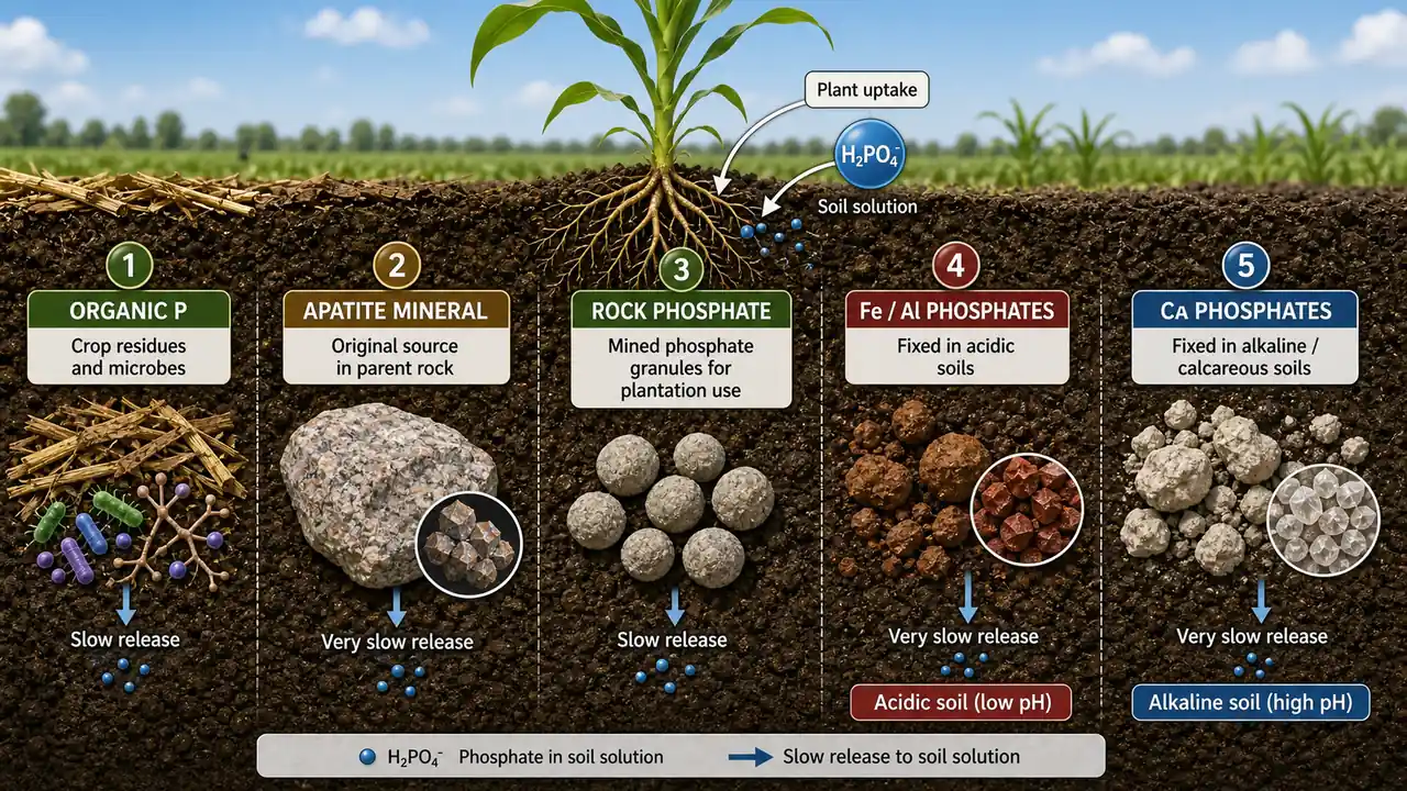 Forms of phosphorus in soil showing organic phosphorus, apatite mineral, rock phosphate, iron aluminium phosphates, and calcium phosphates