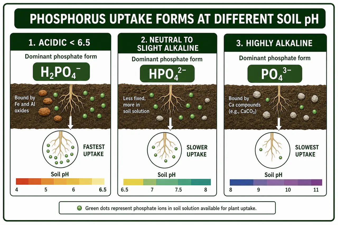Phosphorus uptake forms at different soil pH showing H2PO4 minus in acidic soil, HPO4 two minus in neutral to slightly alkaline soil, and PO4 three minus in highly alkaline soil