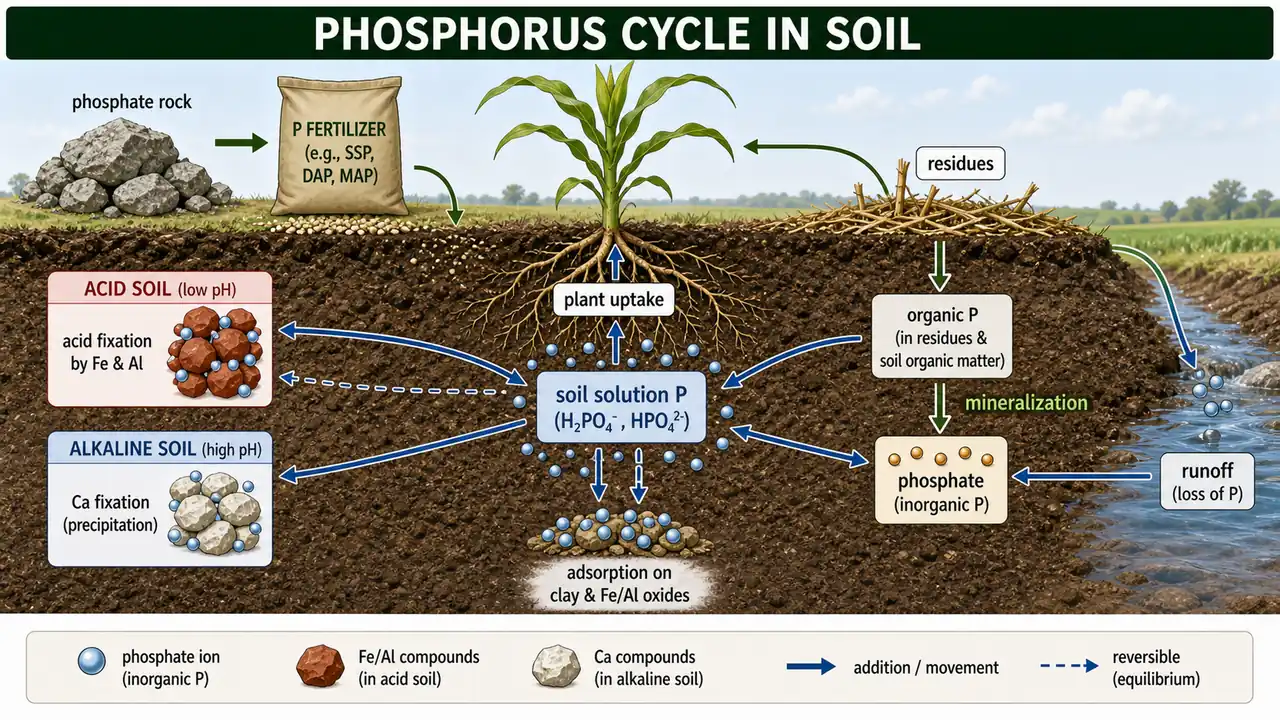 Phosphorus cycle in soil showing fertilizer addition, plant uptake, mineralization, fixation, adsorption, and runoff losses