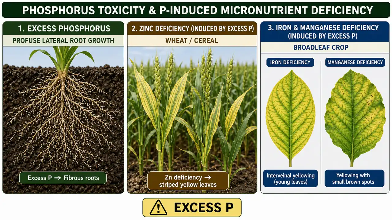 Phosphorus toxicity and induced micronutrient deficiency showing fibrous root growth and zinc, iron, and manganese deficiency symptoms