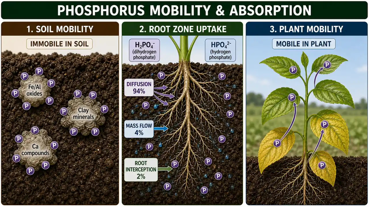Phosphorus mobility and absorption showing immobility in soil, diffusion-dominant uptake, and movement from older to younger leaves