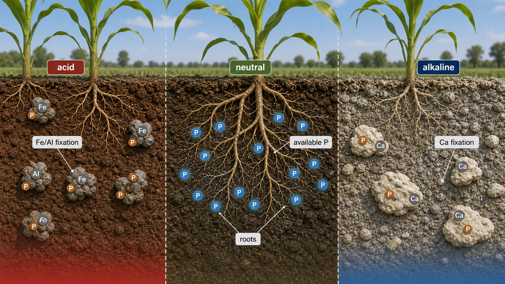 Phosphorus availability across soil pH showing the optimum zone and fixation at acidic and alkaline extremes