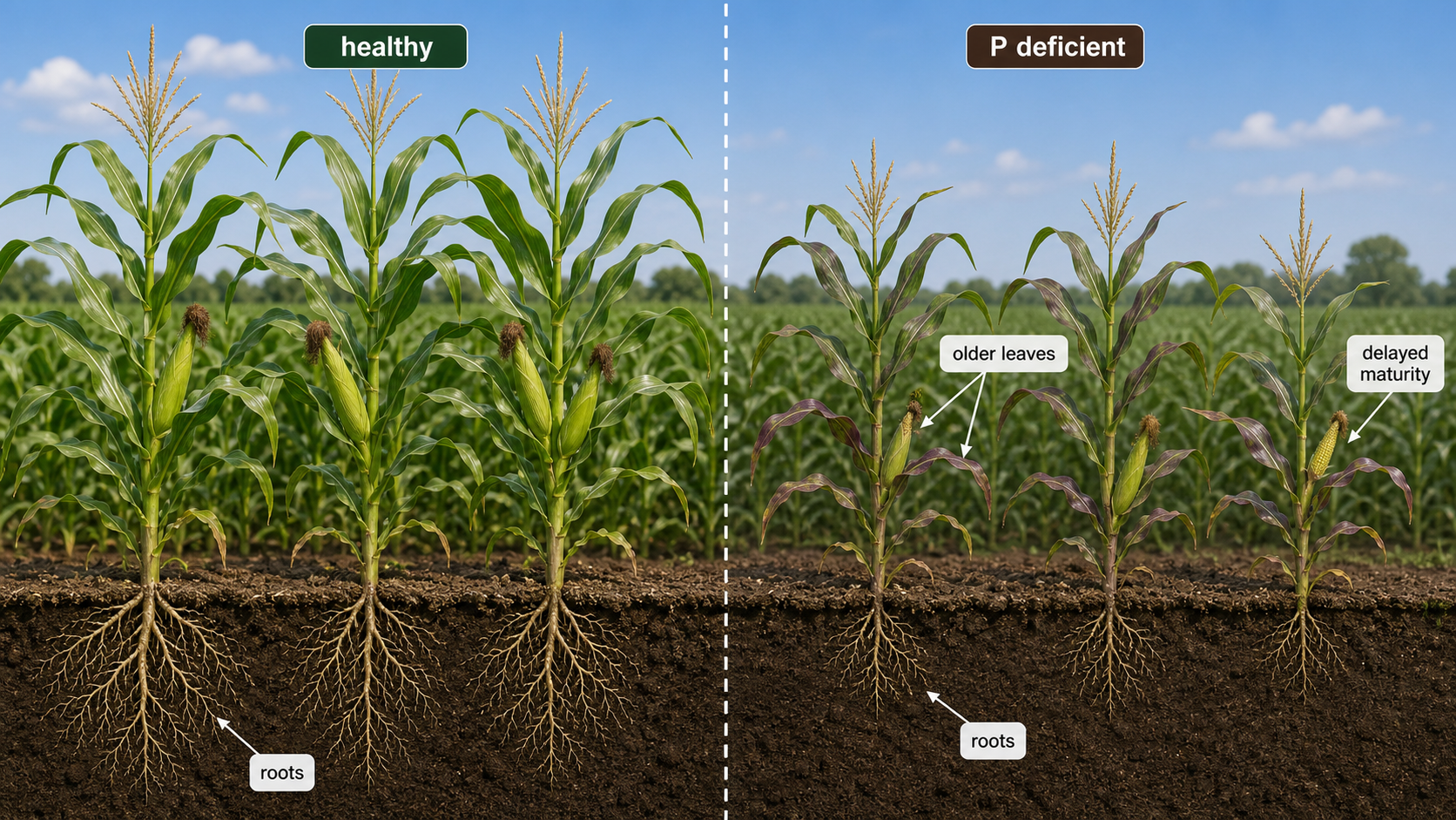 Comparison of phosphorus deficiency symptoms in crops including stunting and purpling