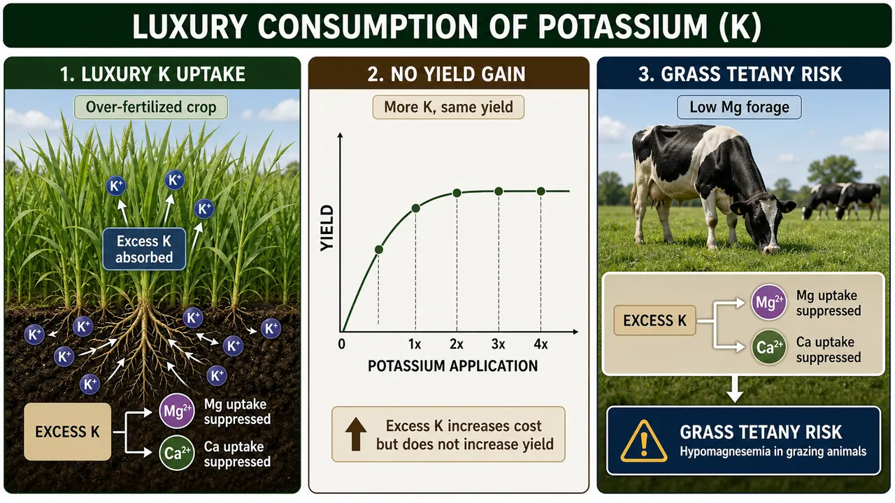 Luxury consumption of potassium showing excess uptake, no yield gain, and grass tetany risk from low magnesium forage