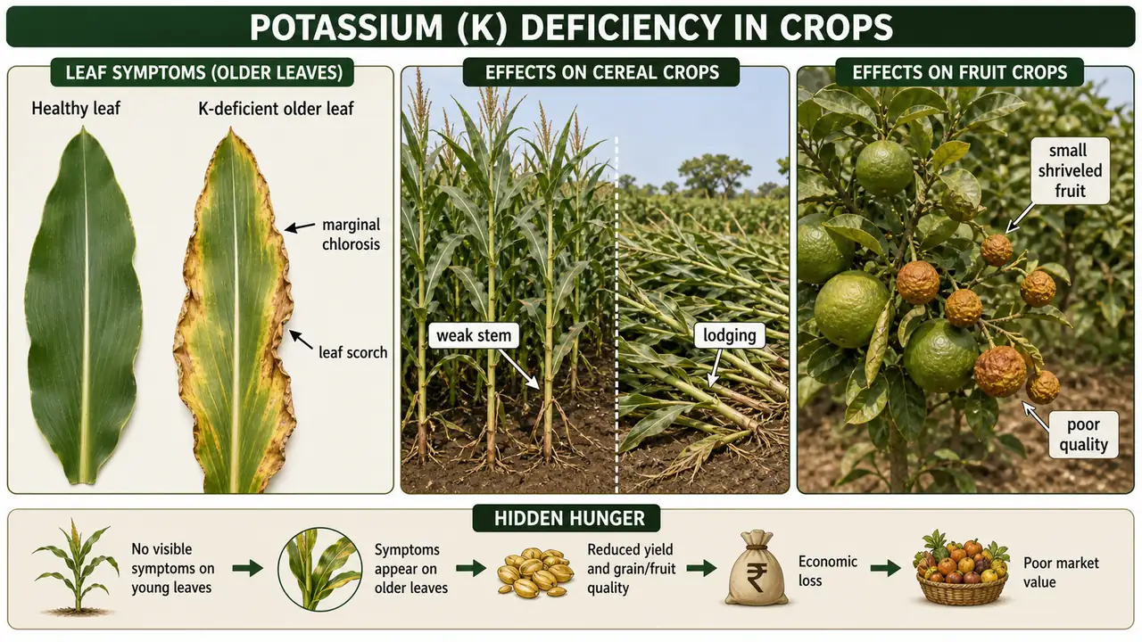 Potassium deficiency symptoms showing marginal chlorosis and scorch on older leaves, lodging in cereals, and poor quality shriveled fruits