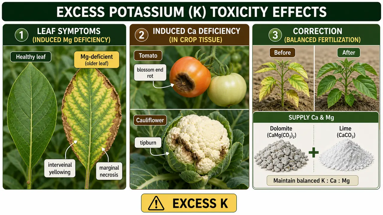 Excess potassium toxicity effects showing induced magnesium deficiency, induced calcium deficiency, and balanced fertilization correction