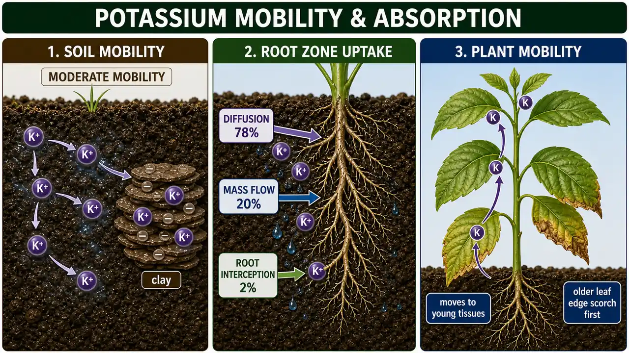 Potassium mobility and absorption showing moderate soil mobility, diffusion-dominant uptake, and movement from older leaves to young tissues