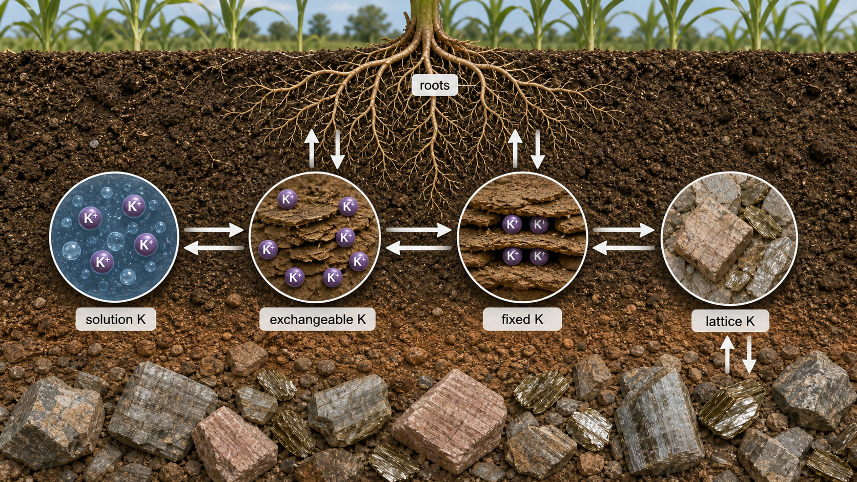 Four forms of potassium in soil from water-soluble and exchangeable to fixed and lattice pools