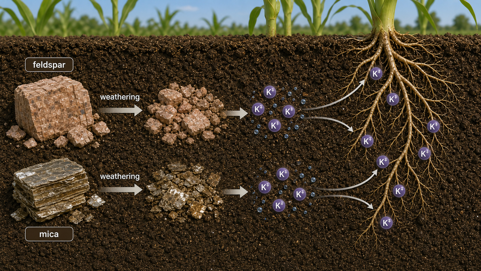 Weathering release of potassium from feldspar and mica minerals into the soil system
