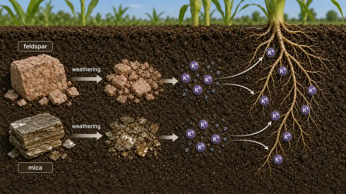 Weathering release of potassium from feldspar and mica minerals into the soil system