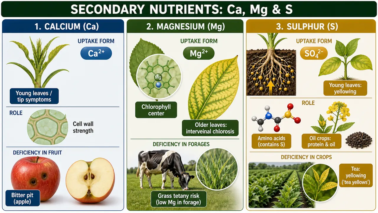 Comparison of calcium magnesium and sulphur showing uptake forms, core roles, and hallmark deficiency clues