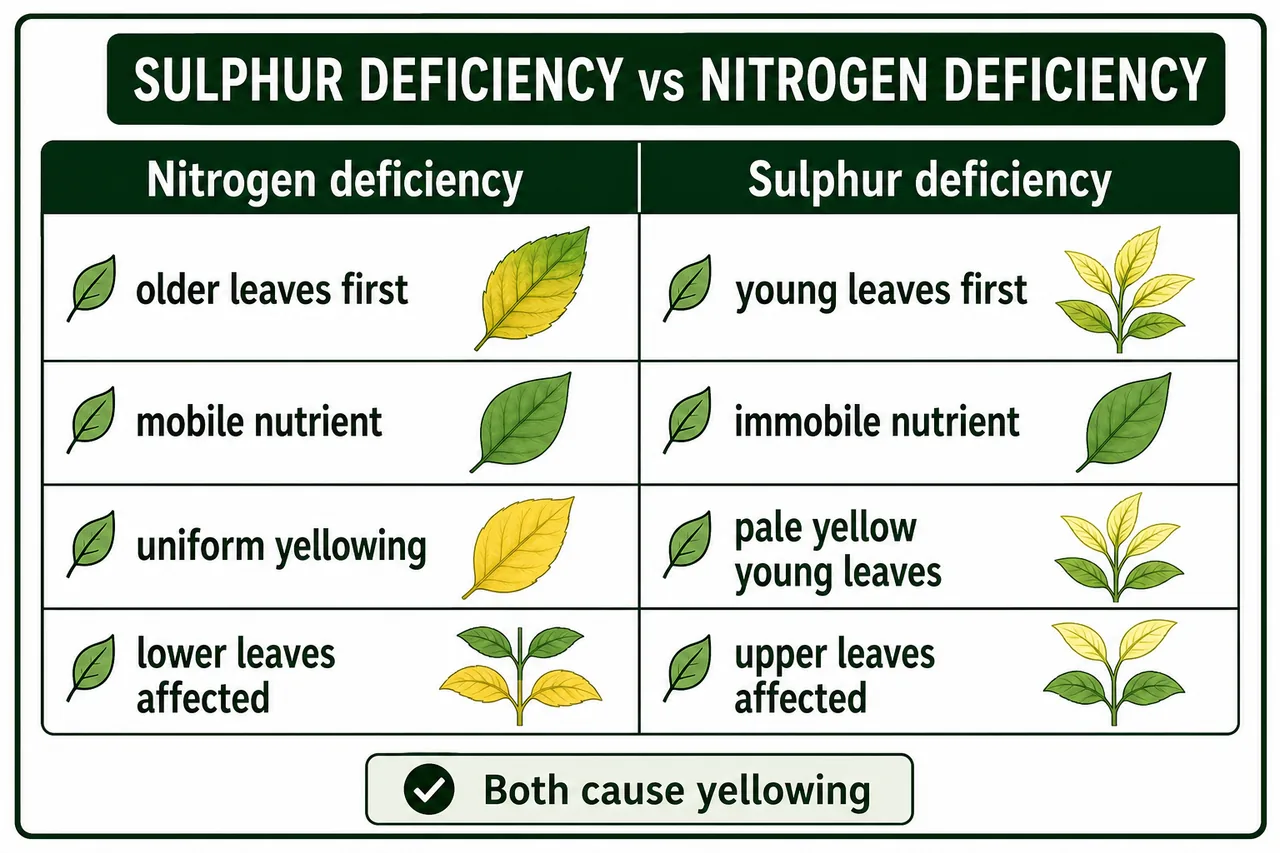Sulphur deficiency versus nitrogen deficiency showing younger leaves first for sulphur and older leaves first for nitrogen
