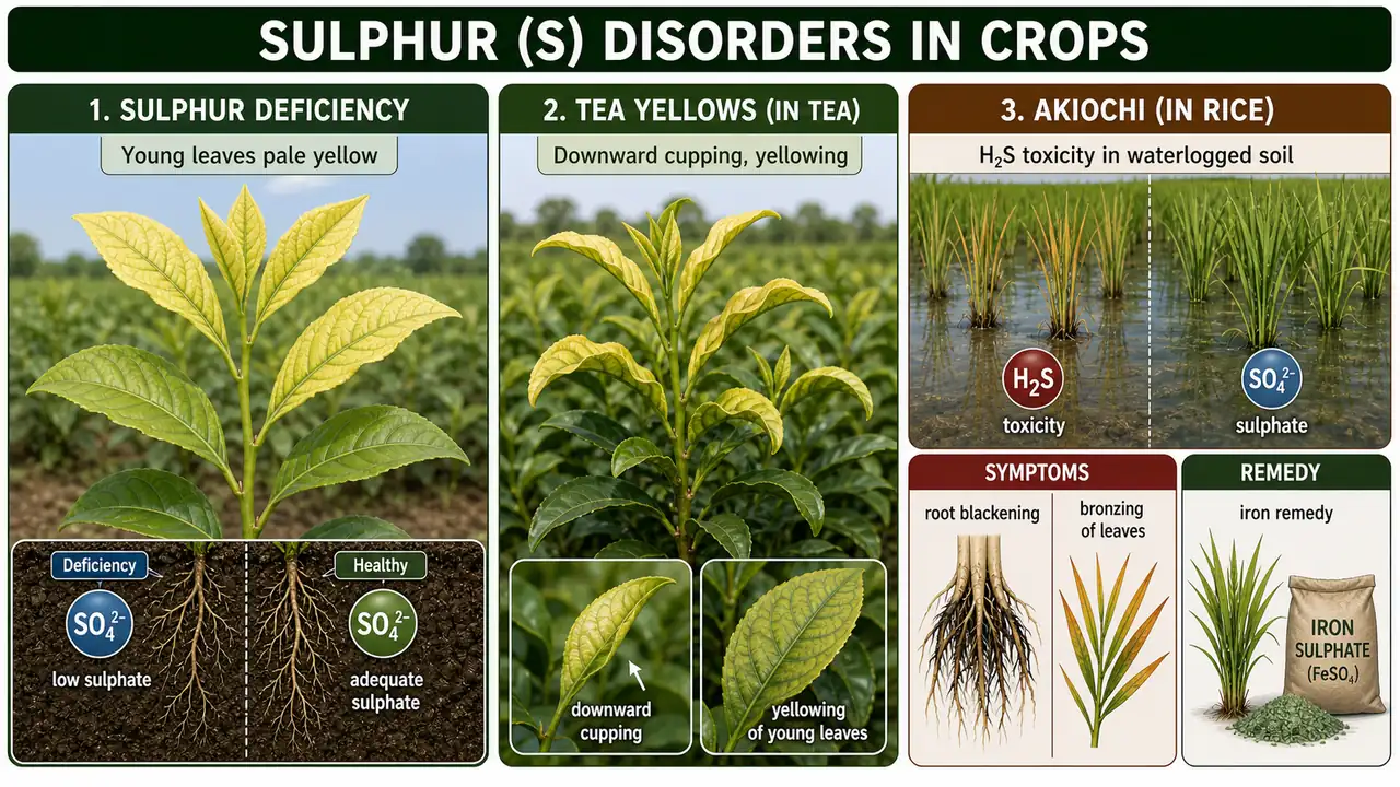 Sulphur disorders showing young-leaf sulphur deficiency, tea yellows in tea, and Akiochi in rice under hydrogen sulphide toxicity