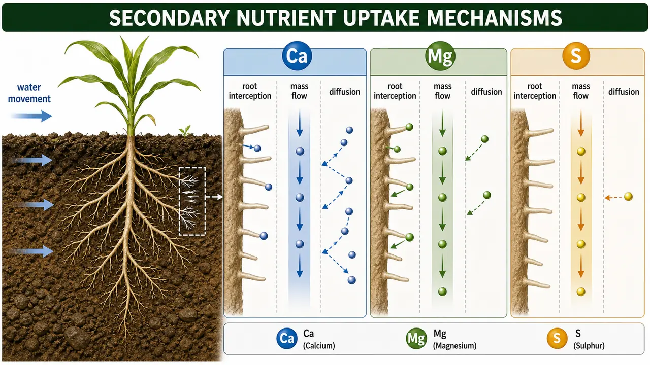Secondary nutrient uptake mechanisms showing calcium, magnesium, and sulphur reaching roots by root interception, mass flow, and diffusion