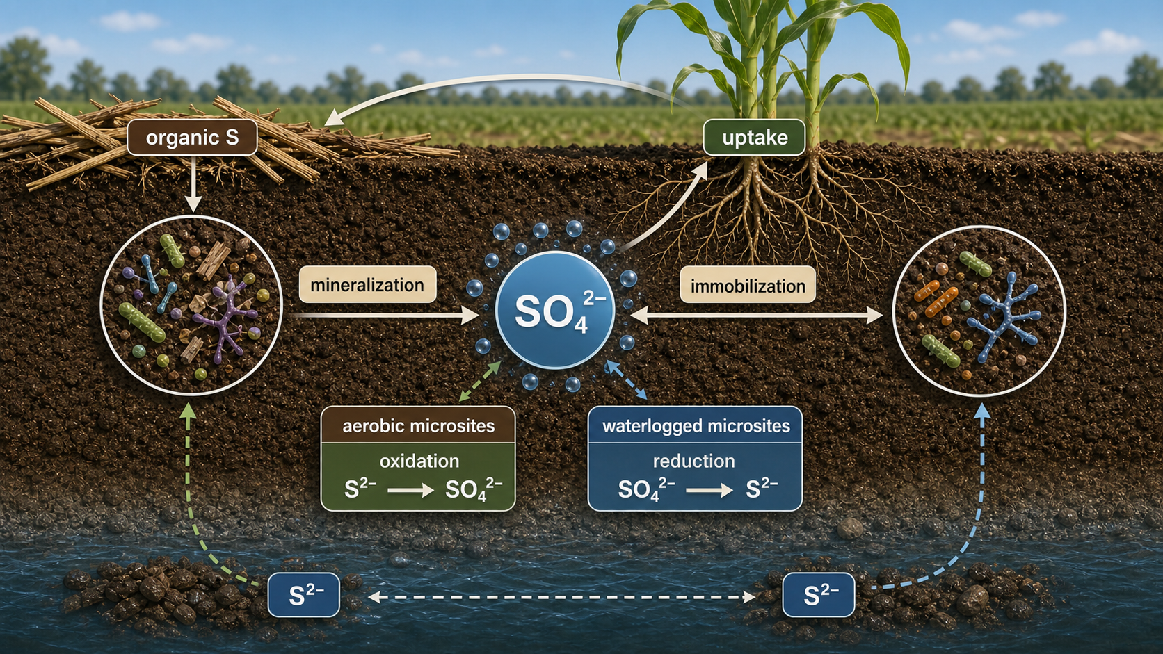 Sulphur cycle in soil showing mineralization, immobilization, oxidation, and plant uptake