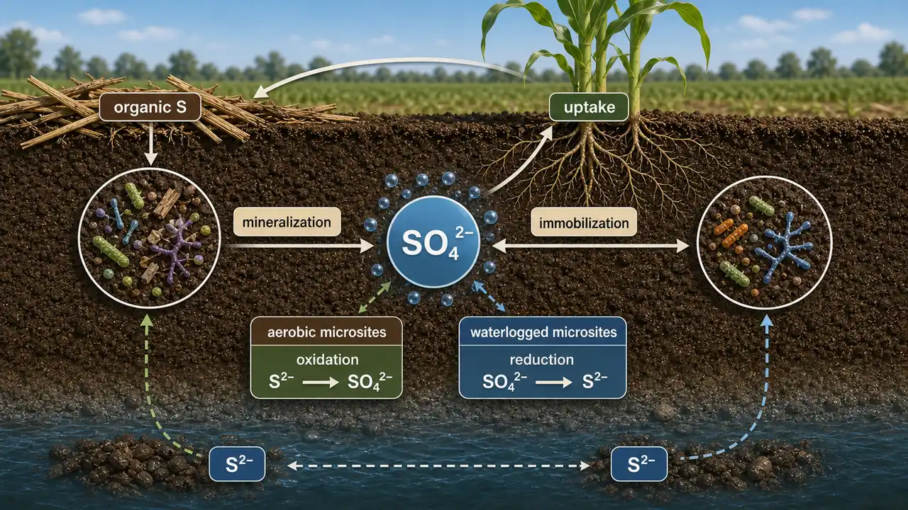 Sulphur cycle in soil showing mineralization, immobilization, oxidation, and plant uptake