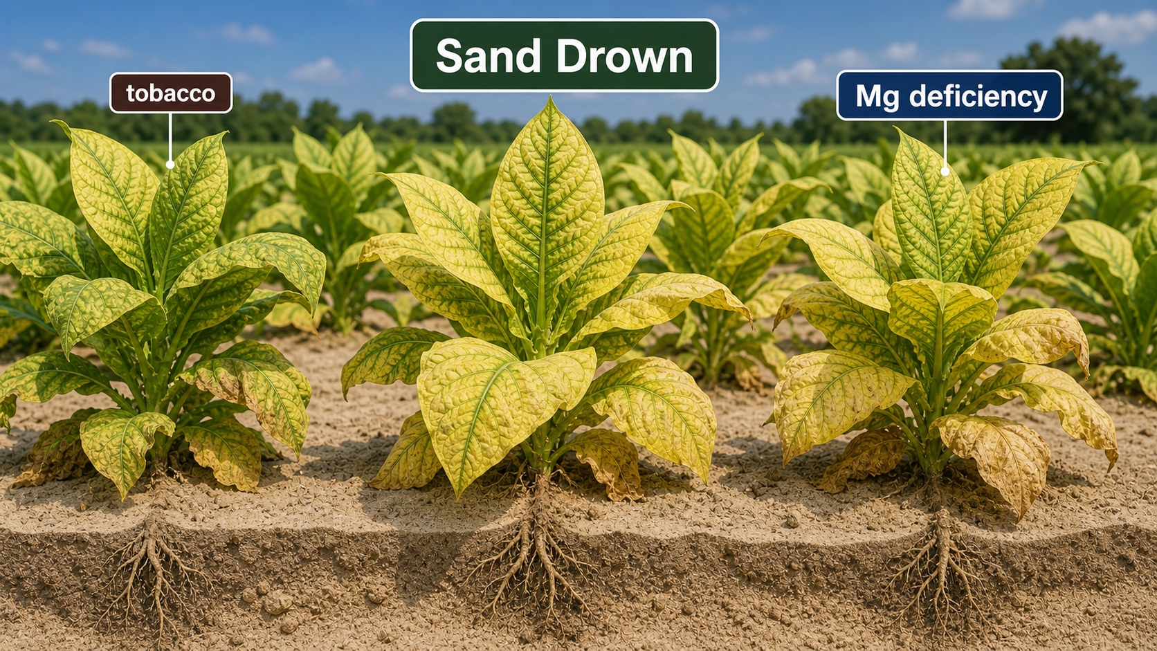 Sand drown symptom context used in sulphur-related deficiency and stress discussion