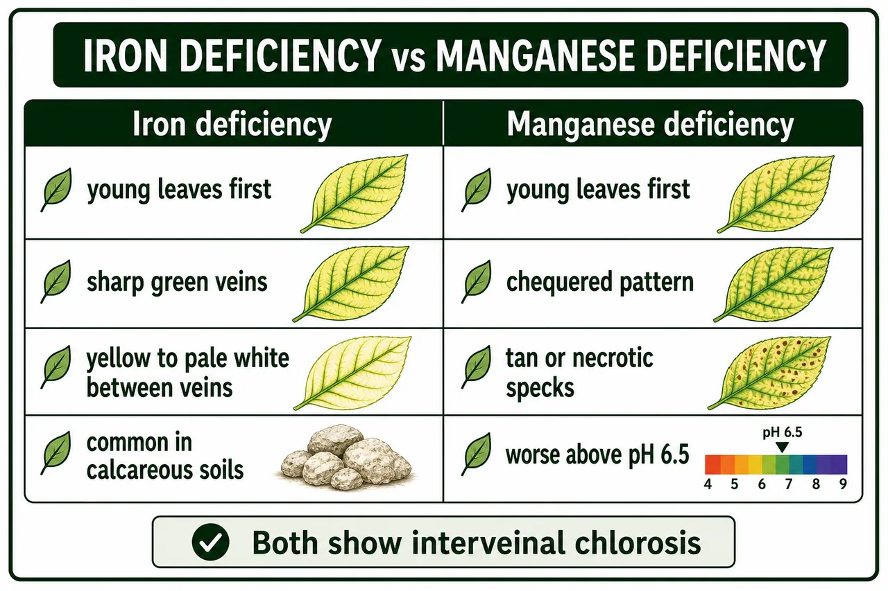 Iron deficiency versus manganese deficiency showing sharp green veins and pale white interveinal chlorosis in iron deficiency and chequered leaves with tan specks in manganese deficiency