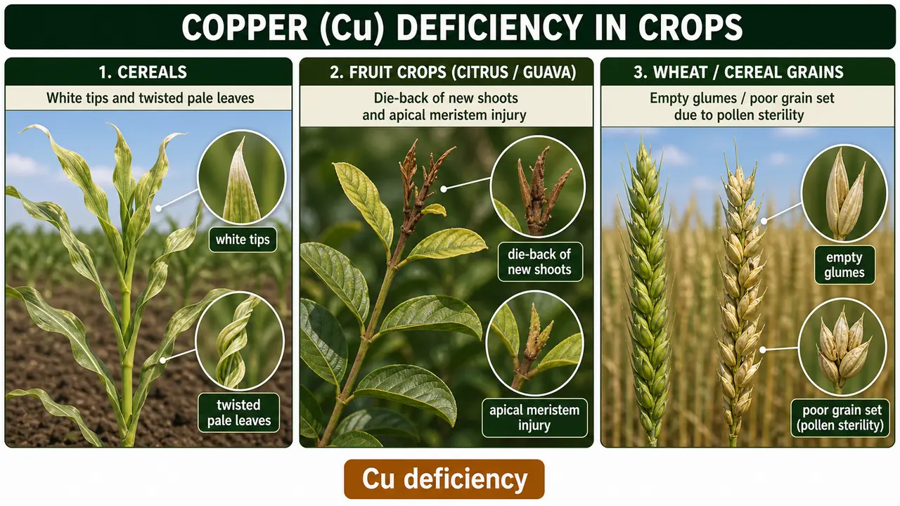 Copper deficiency in crops showing white tips in cereals, die-back in fruit crops, and empty glumes in wheat