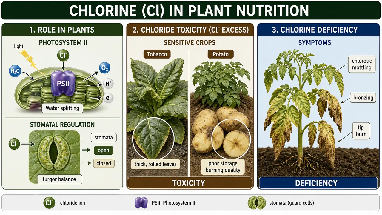 Chlorine in plant nutrition showing photosystem II role, chloride toxicity in sensitive crops, and chlorine deficiency symptoms