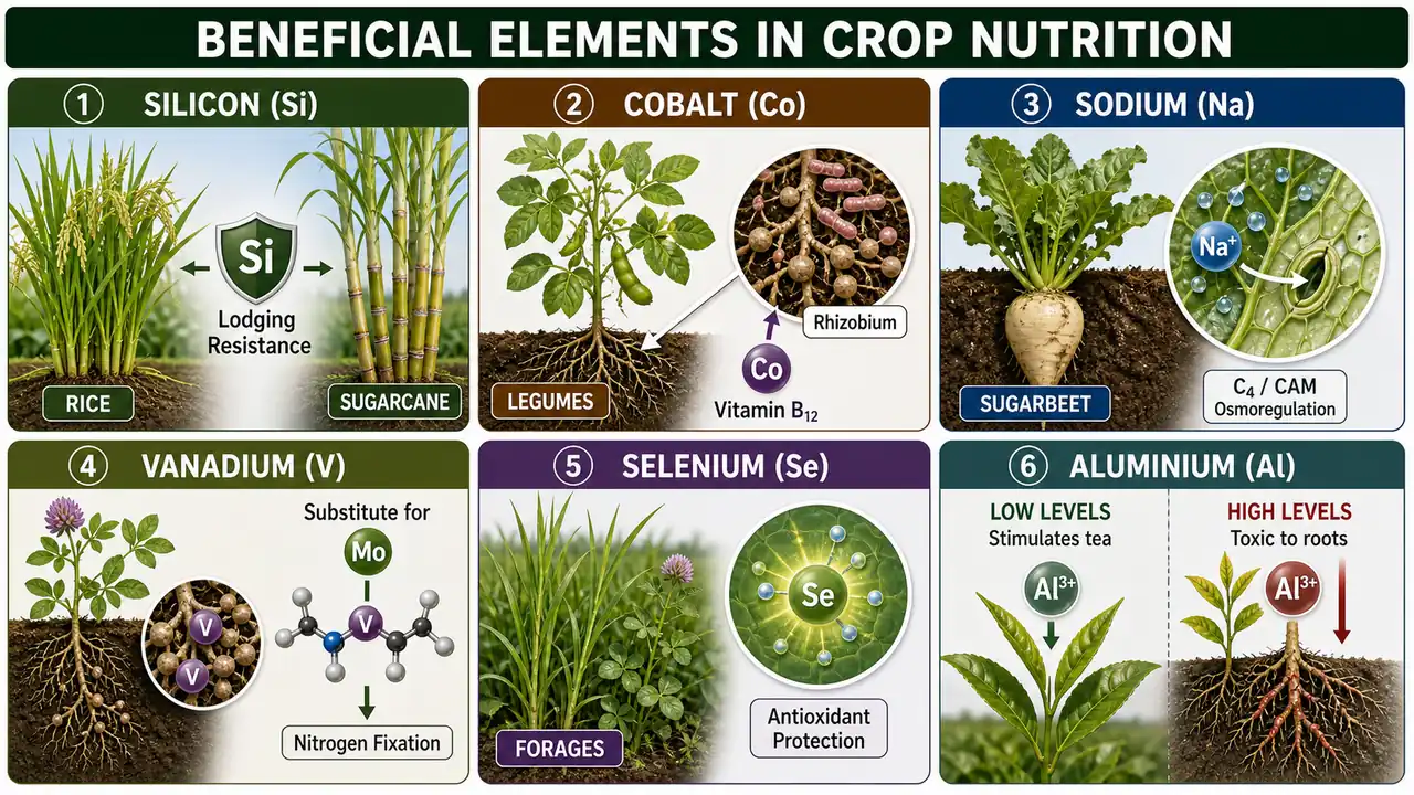 Beneficial elements in crop nutrition showing silicon, cobalt, sodium, vanadium, selenium, and aluminium roles in specific crops