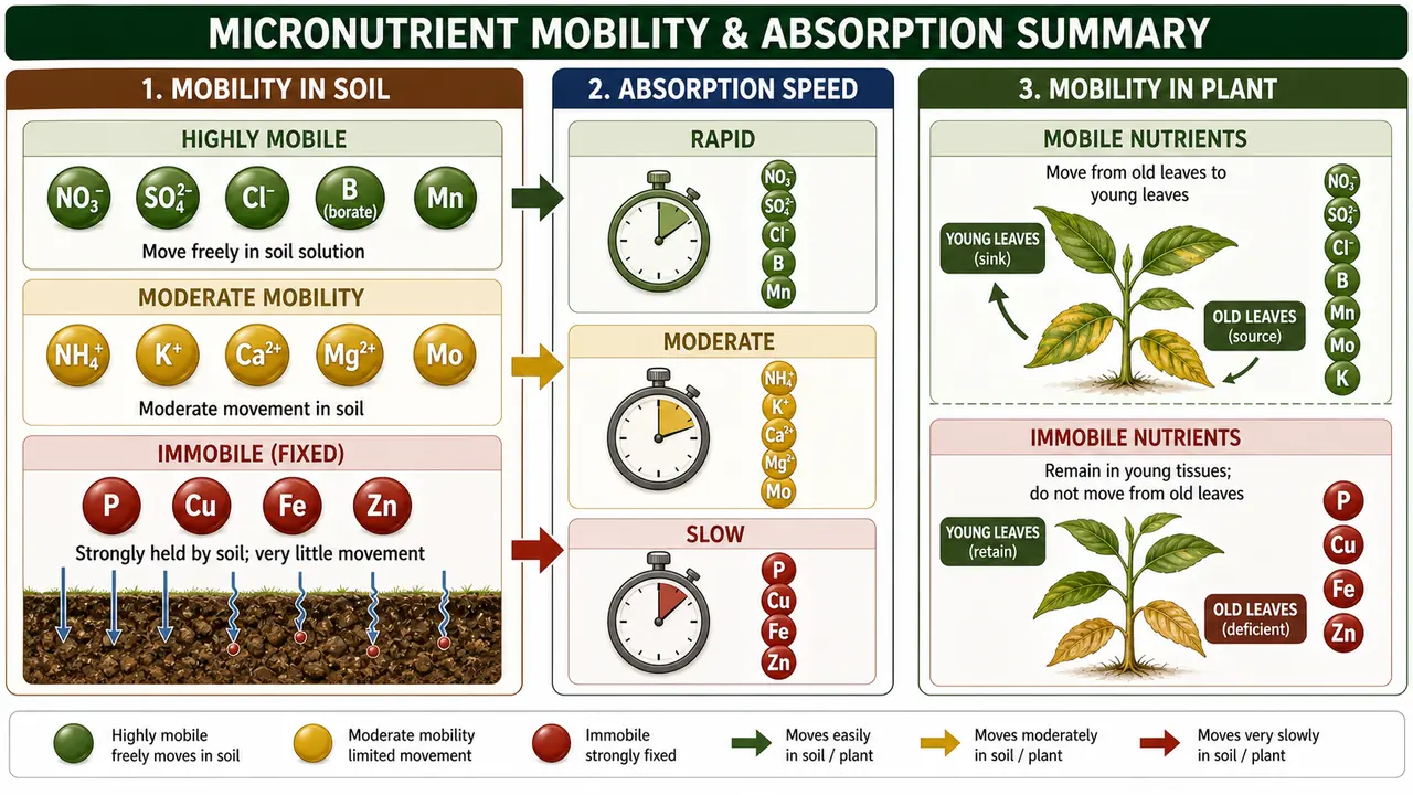 Nutrient mobility and absorption summary showing highly mobile and immobile nutrients in soil, absorption speed, and movement from old to young leaves in plants