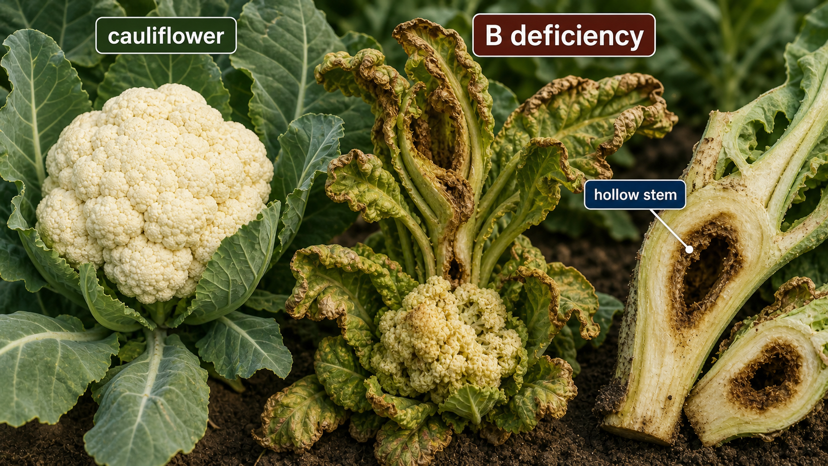 Boron deficiency symptoms in cauliflower