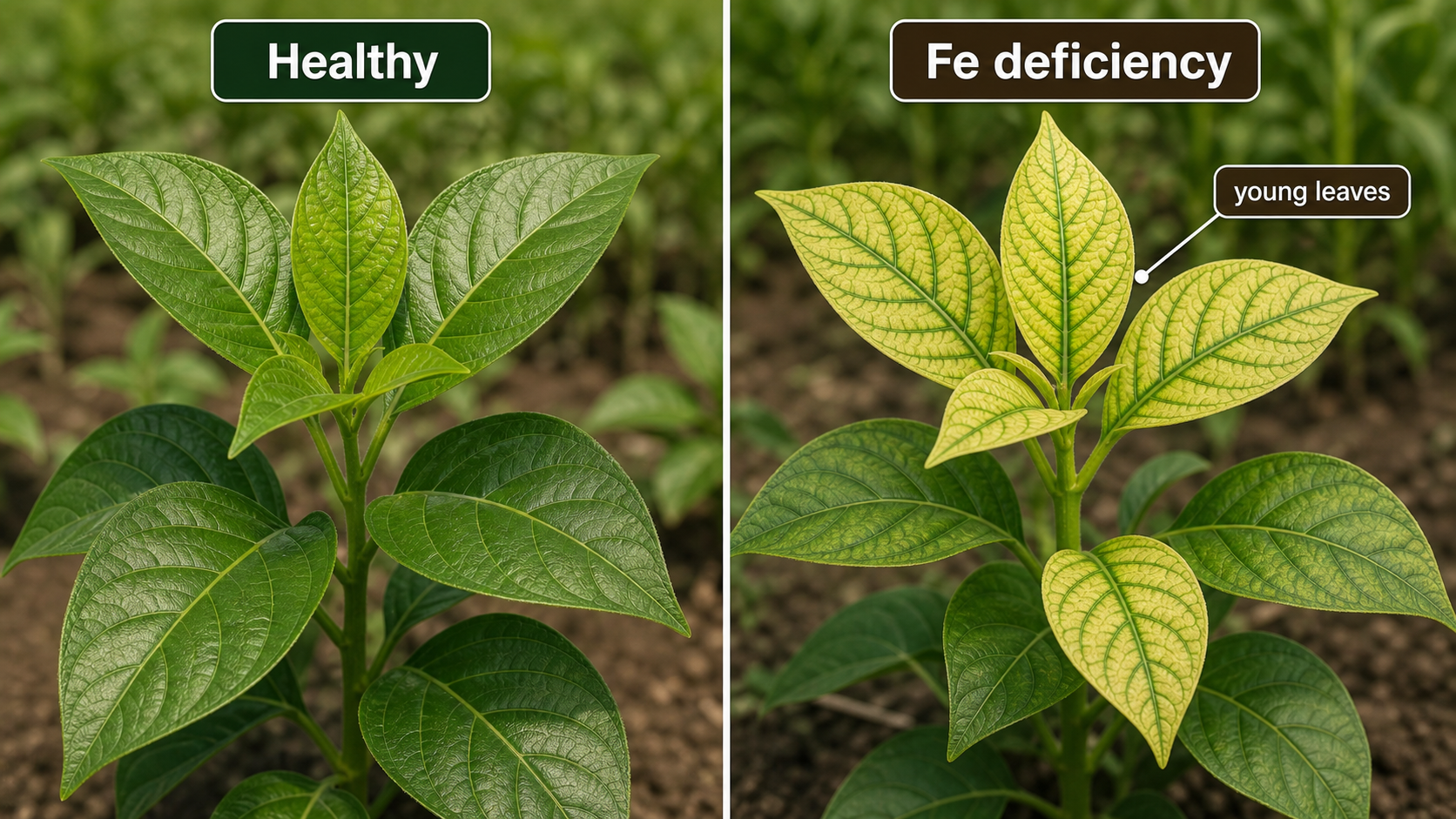 Iron deficiency showing interveinal chlorosis on young leaves