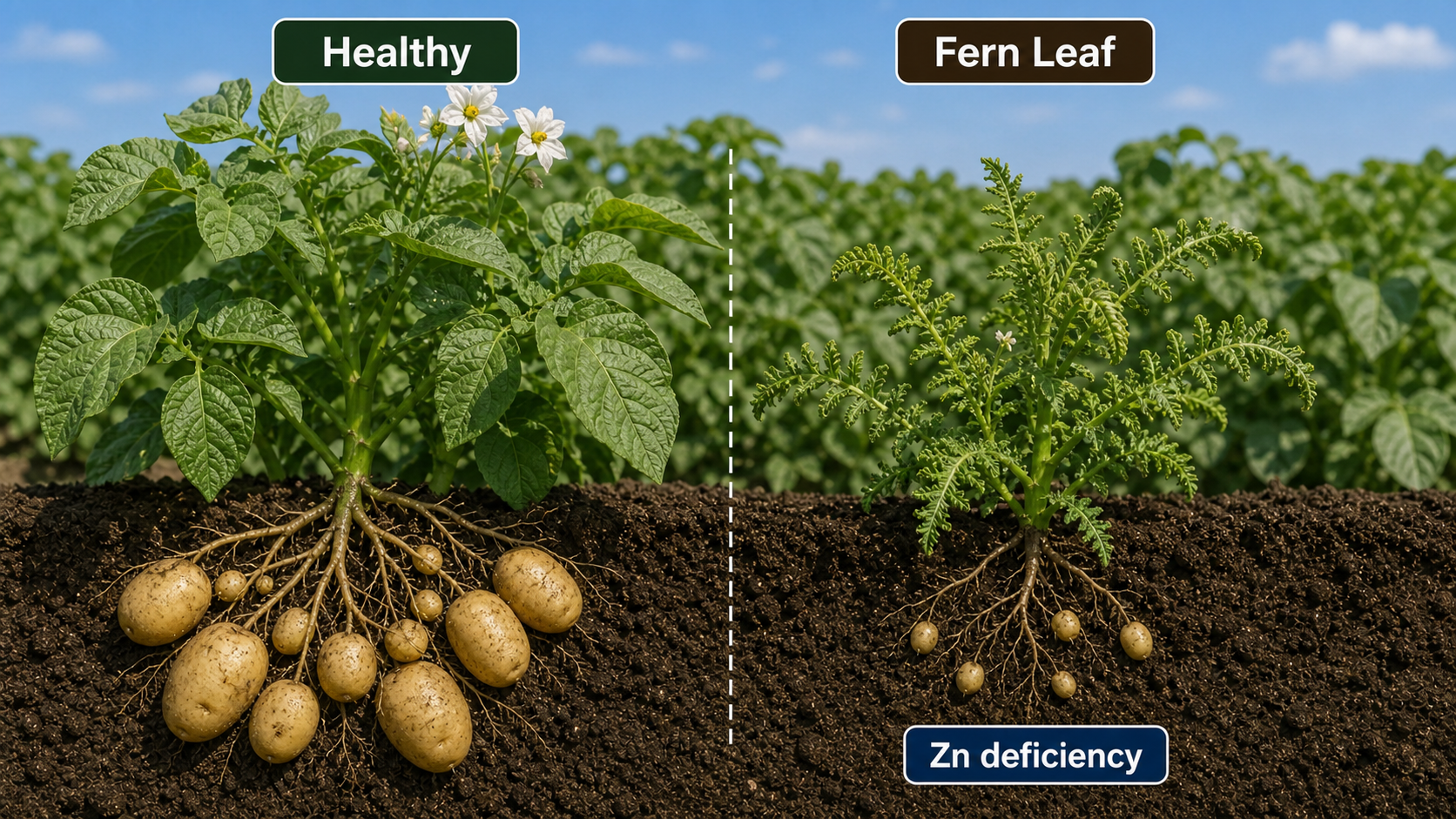 Zinc deficiency in potato showing fern leaf symptom