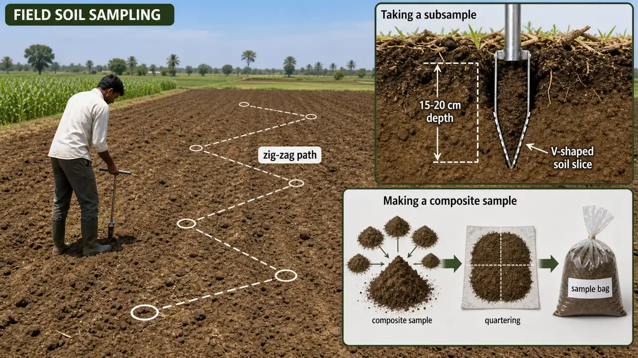 Soil health card sampling workflow showing zig-zag field sampling, V-shaped soil slice, composite sample, and quartering