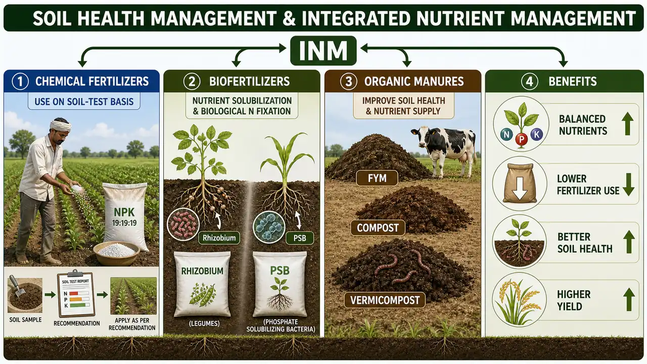 Soil health management and integrated nutrient management showing chemical fertilizers, biofertilizers, organic manures, and farm benefits