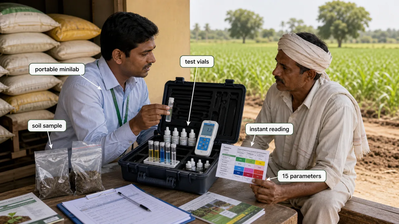 Mridaparikshak portable soil testing minilab used at field level for rapid soil health assessment