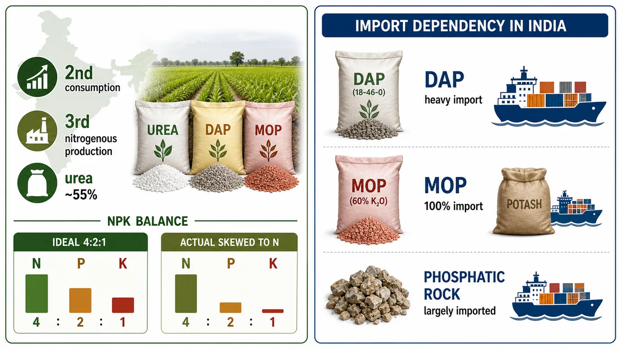 Fertilizer statistics and import dependency in India showing second rank in consumption, third rank in nitrogenous production, urea share, ideal NPK ratio, and imported DAP, MOP, and phosphatic rock
