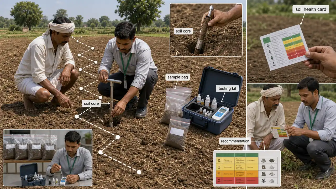 Extension worker using soil samples and a color-coded card to explain recommendations to farmers