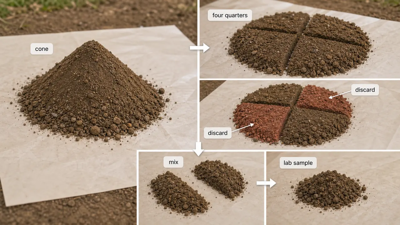 Composite soil sample being reduced by quartering before lab submission
