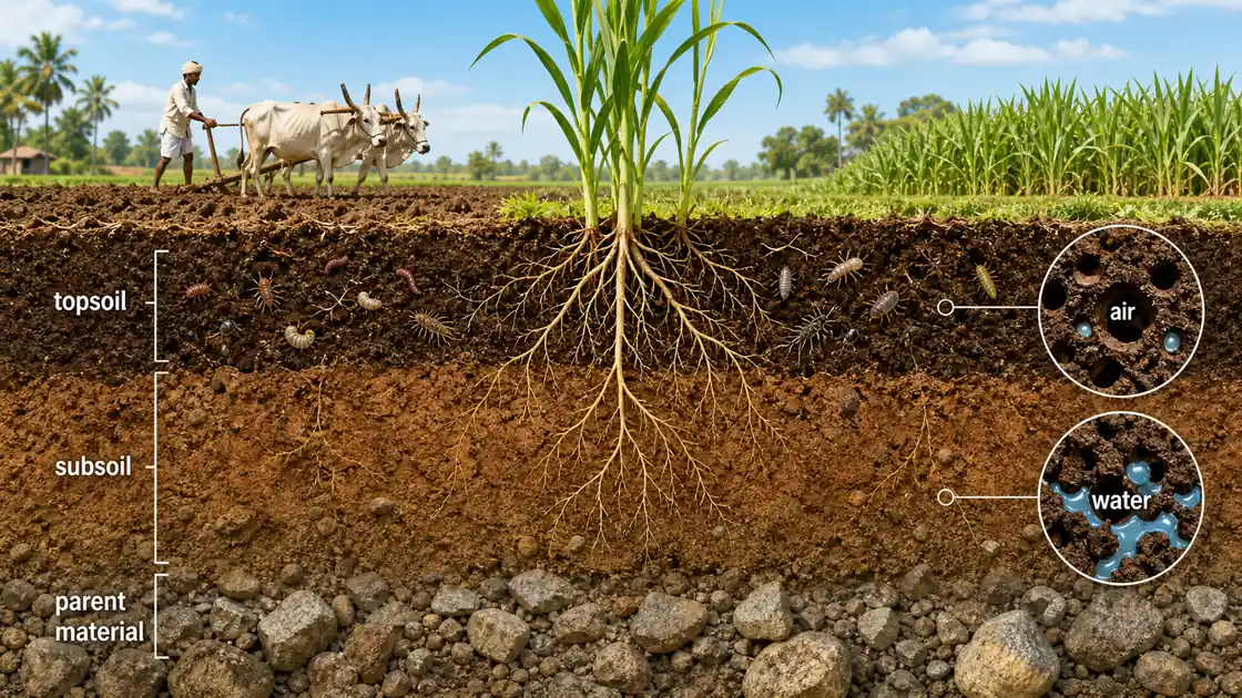Soil science lesson visual showing topsoil, subsoil, parent material, roots, soil air, and soil water in a farm field