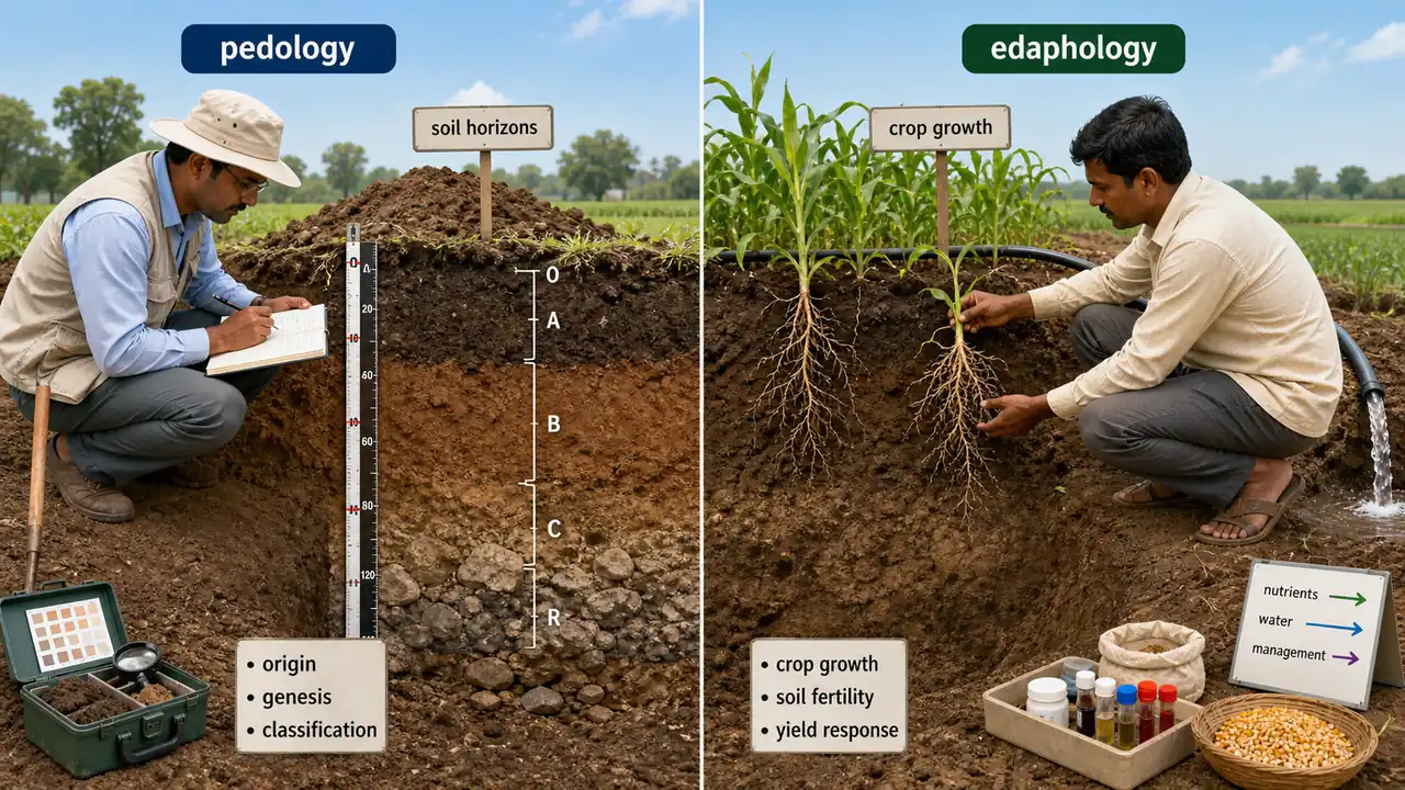 Pedology versus edaphology comparison showing soil horizons on one side and crop growth management on the other