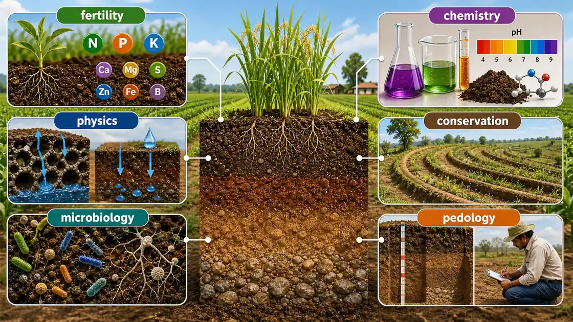 Six branches of soil science visual showing fertility, chemistry, physics, microbiology, conservation, and pedology around a soil profile