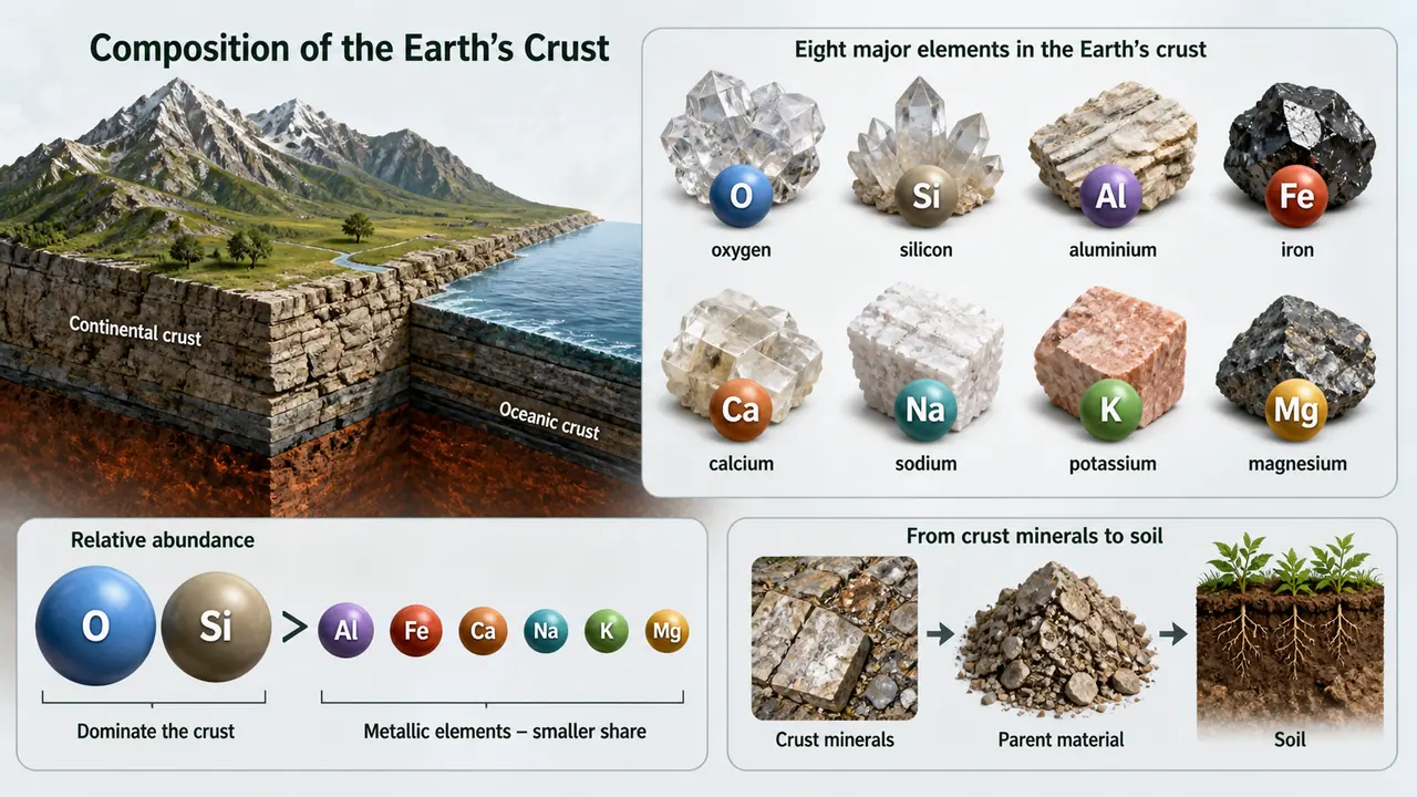 Earth's crust composition visual showing oxygen and silicon dominating with aluminium, iron, calcium, sodium, potassium, and magnesium in smaller share