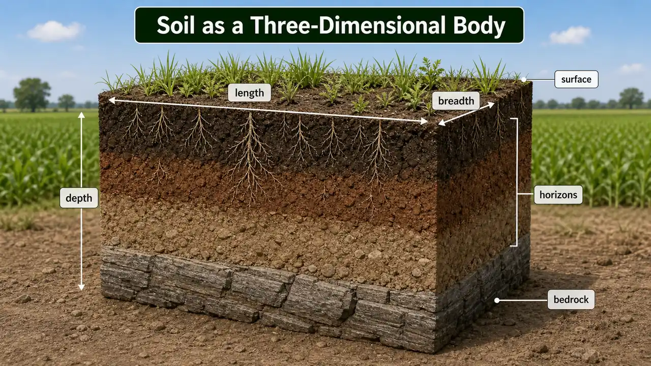Soil as a three-dimensional body showing length, breadth, depth, surface, horizons, and bedrock