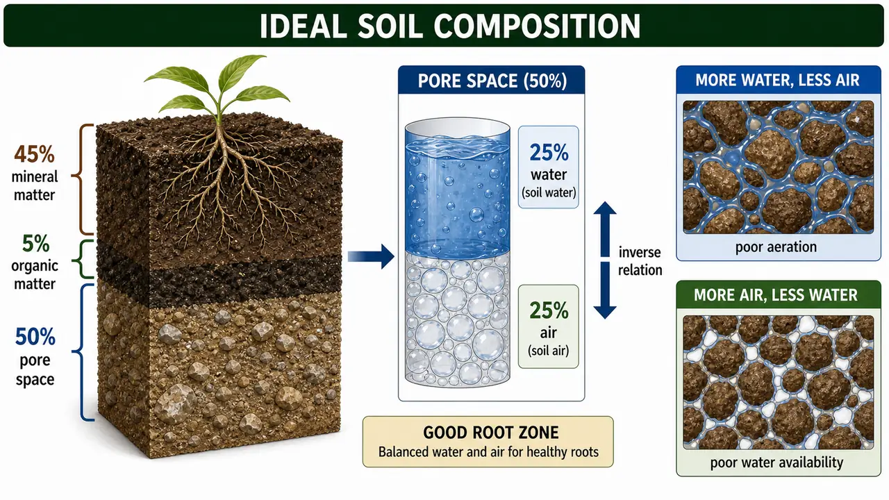 Ideal soil composition showing 45 percent mineral matter, 5 percent organic matter, and pore space split into 25 percent water and 25 percent air