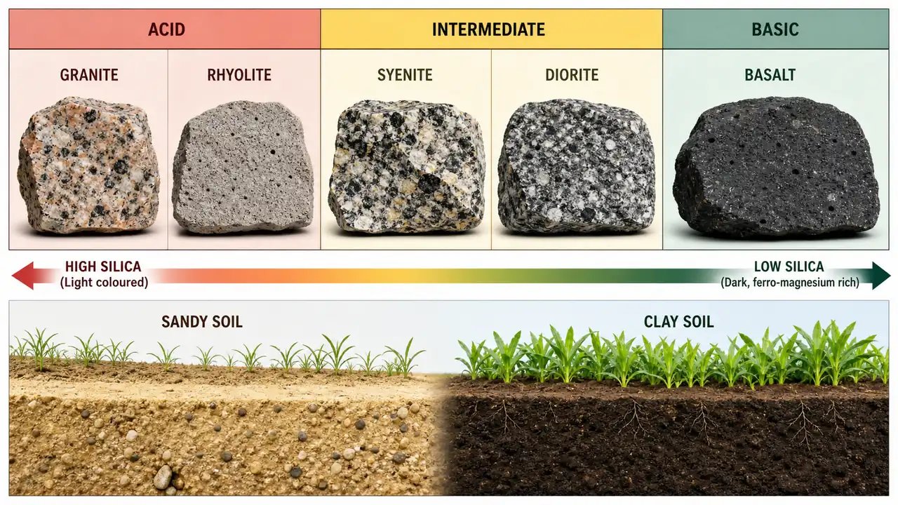 Igneous rock classification by silica content showing acid, intermediate, and basic rocks with related sandy and clayey soil outcomes