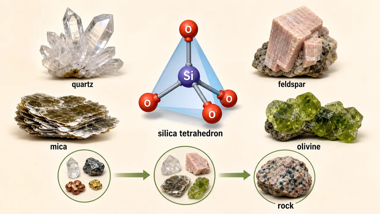 Rock minerals board showing quartz, feldspar, mica, olivine, and the central silica tetrahedron as the basic silicate unit